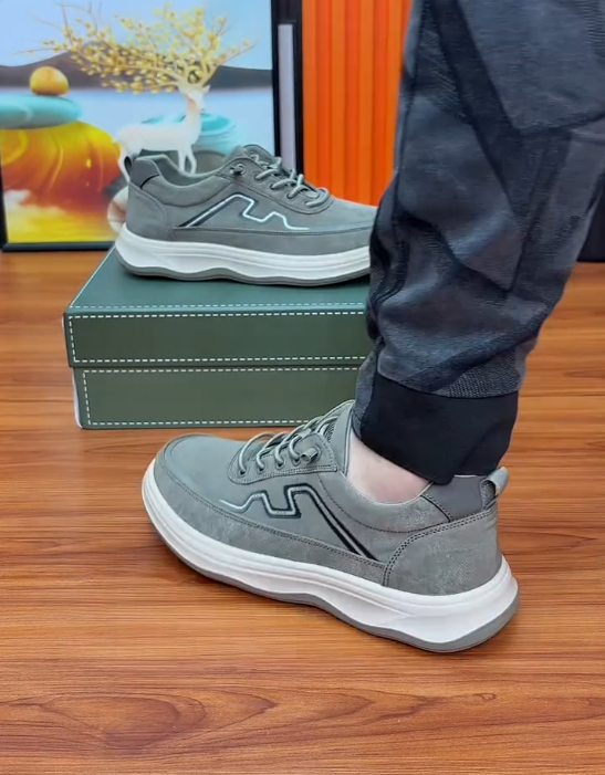 Suede Lace Up Sneaker with Wave Stitching Detail and Thick White Cushioned Sole for Casual Comfort