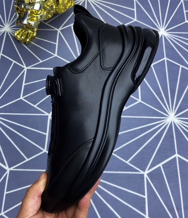 Leather Slip On Sneaker with Rotary Dial Lacing System and Textured Elastic Panel for Modern Business Casual Style