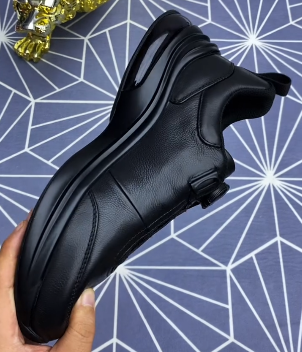 Leather Slip On Sneaker with Rotary Dial Lacing System and Textured Elastic Panel for Modern Business Casual Style