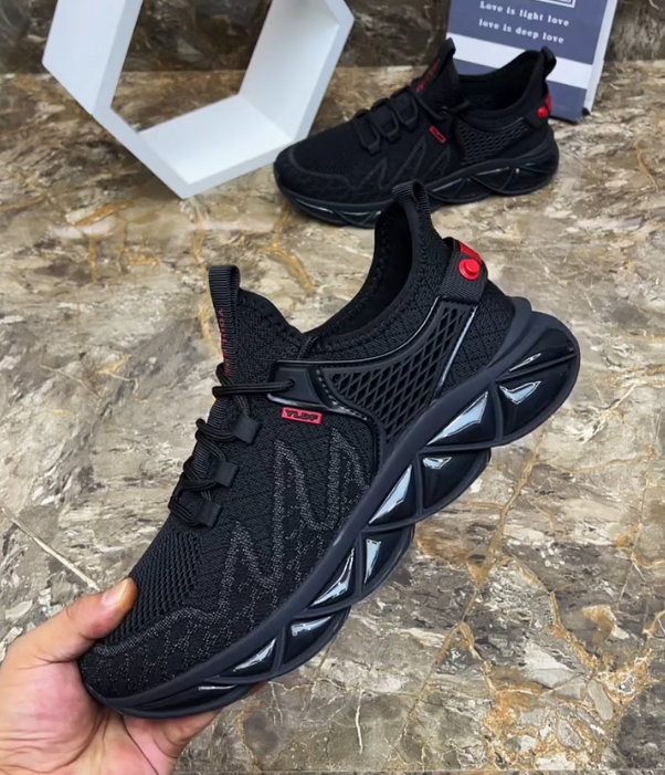 Hollow Mesh Athletic Sneaker with Geometric Blade Sole and Adjustable Strap for Futuristic Sport Style