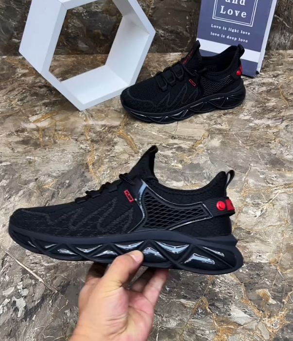Hollow Mesh Athletic Sneaker with Geometric Blade Sole and Adjustable Strap for Futuristic Sport Style