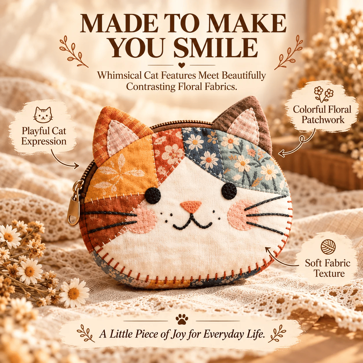 ✨ Handmade Inspired Floral Patchwork Cat Coin Pouch