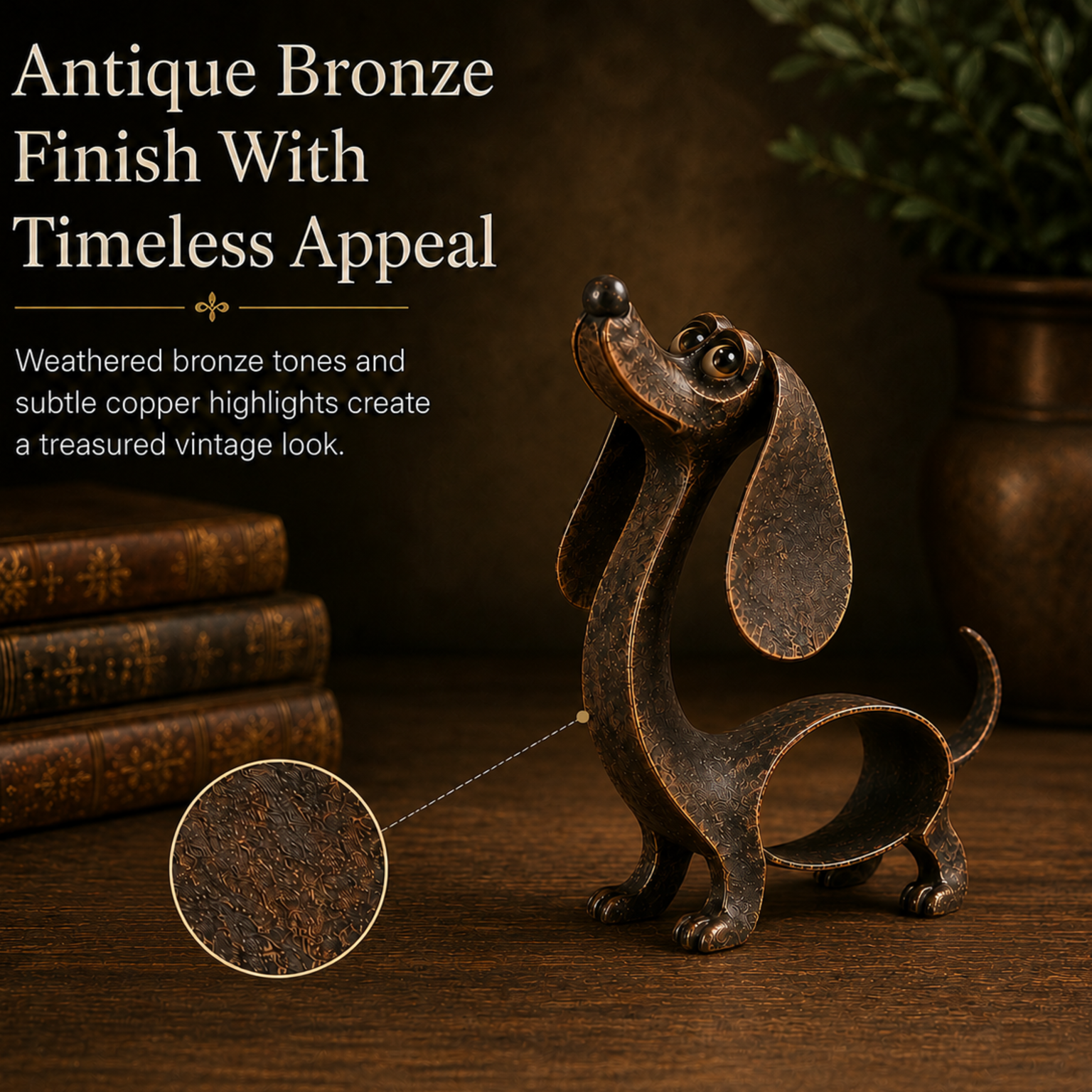 Antik bronze finish på gravhundeskulptur