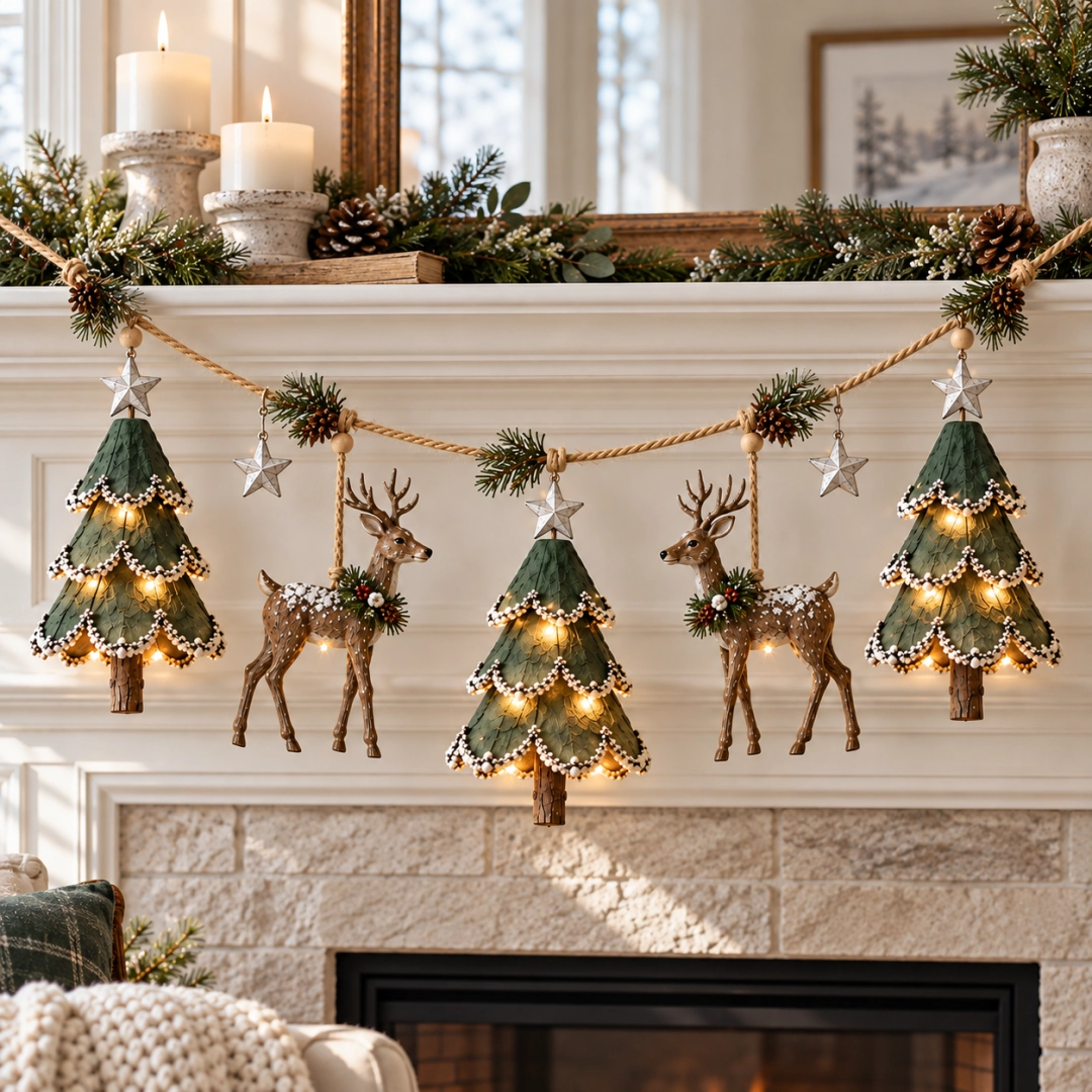 Cozy Christmas mantel decorated with woodland garland