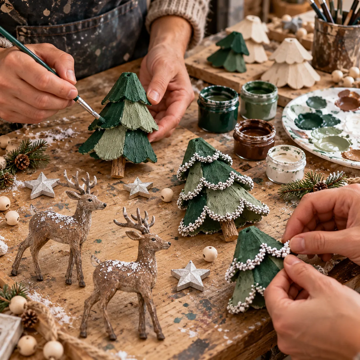 Hand painting Christmas woodland decorations