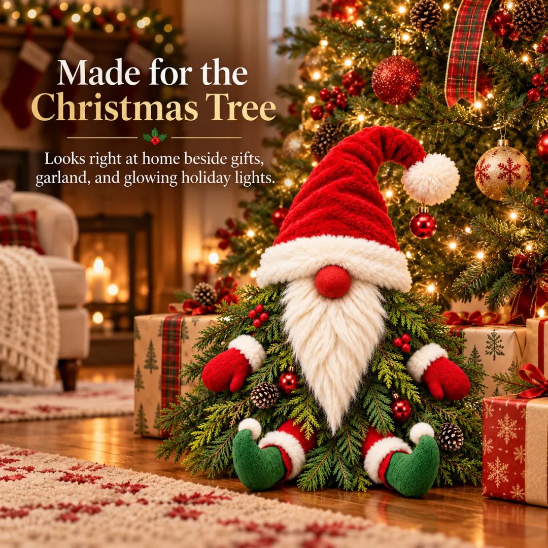 Evergreen gnome beside Christmas tree and gifts