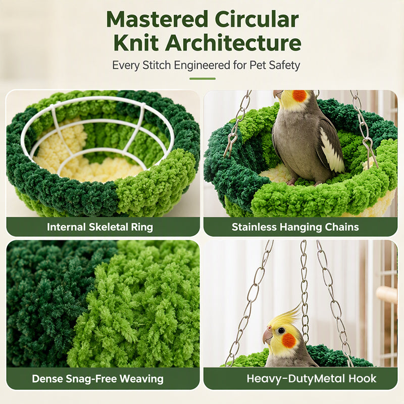 Bird hammock frame, chains and chenille weave details