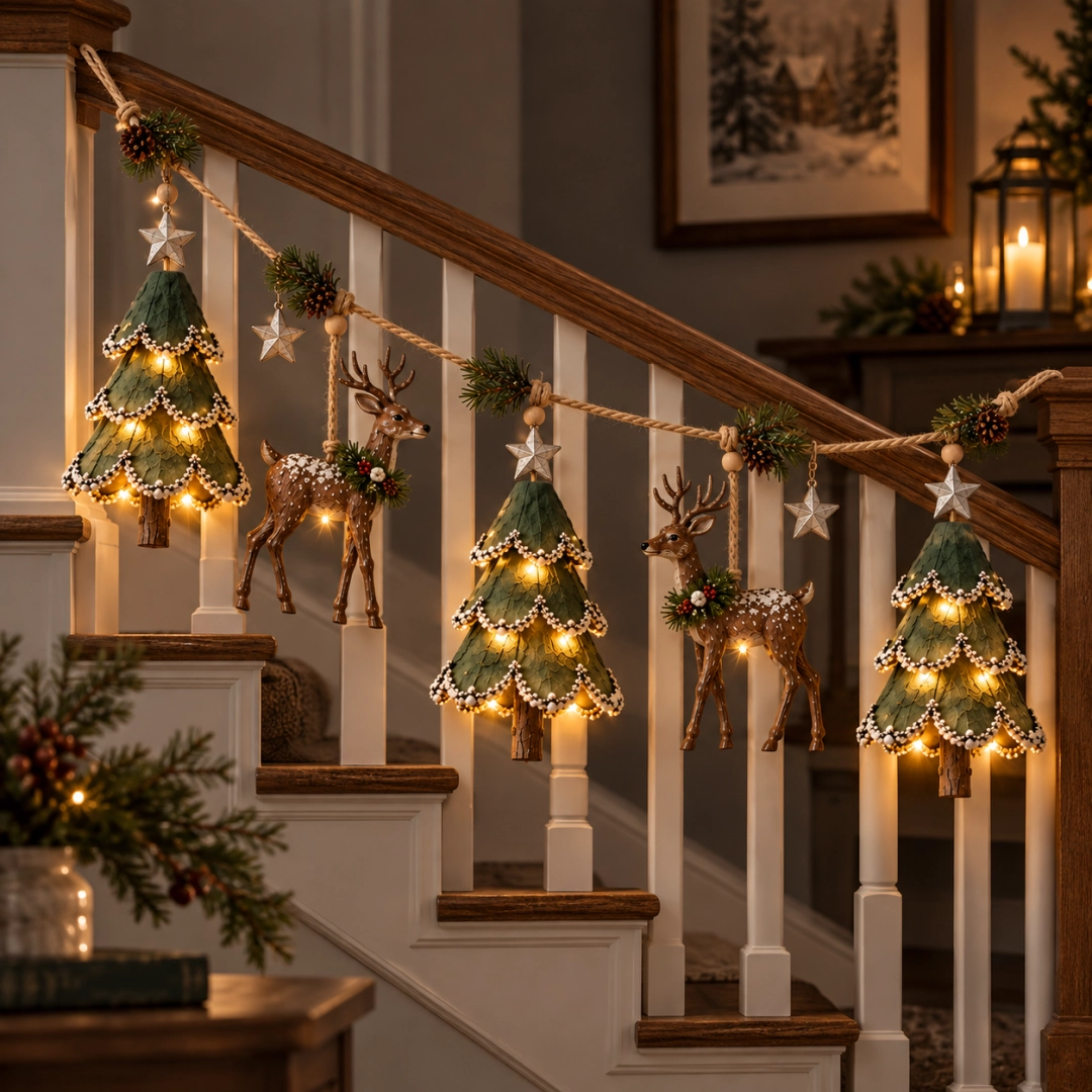 Woodland Christmas garland on stair banister