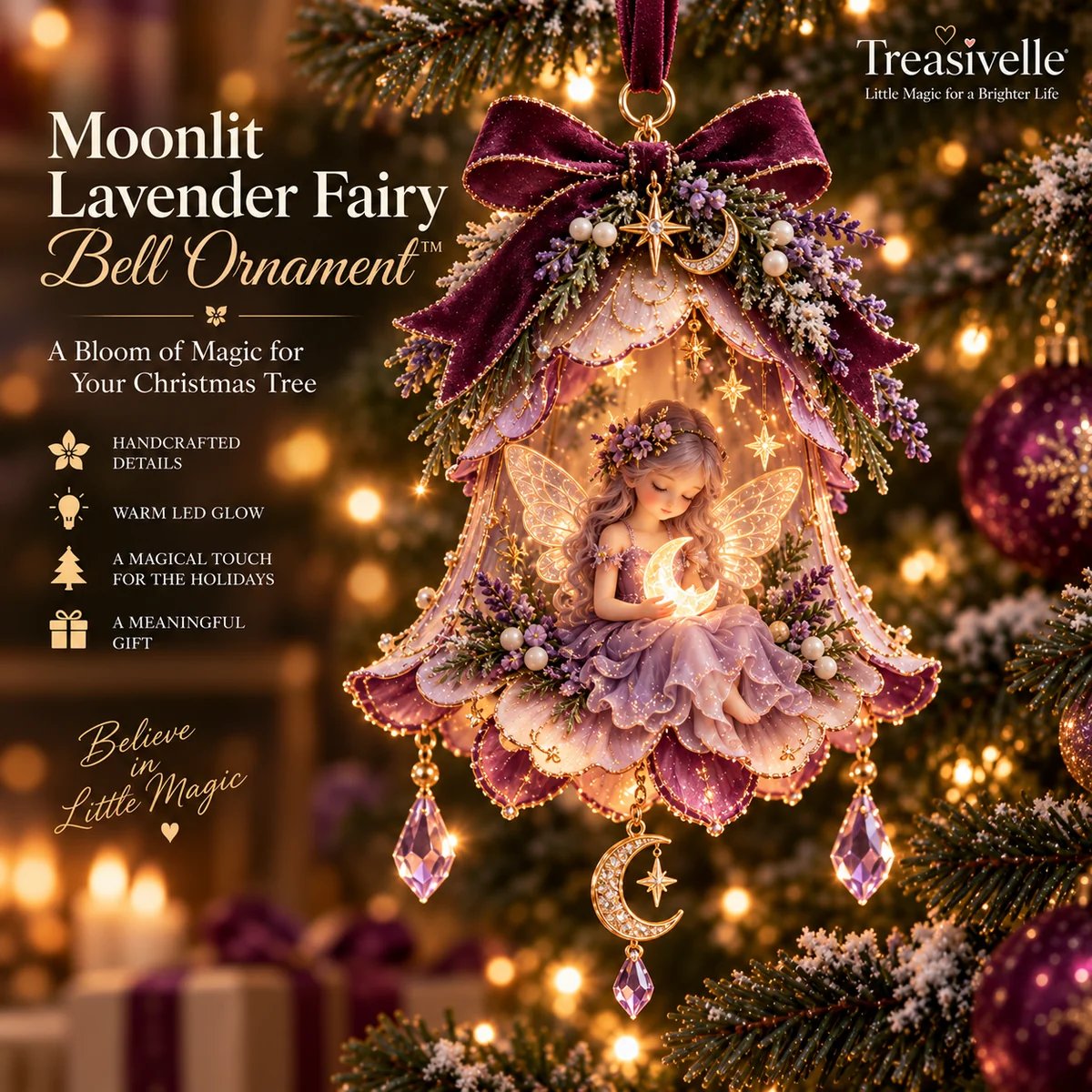 Moonlit Lavender Fairy Bell kerstornament