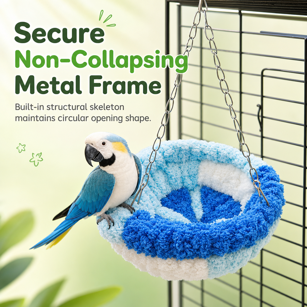 Blue chenille bird hammock with circular support