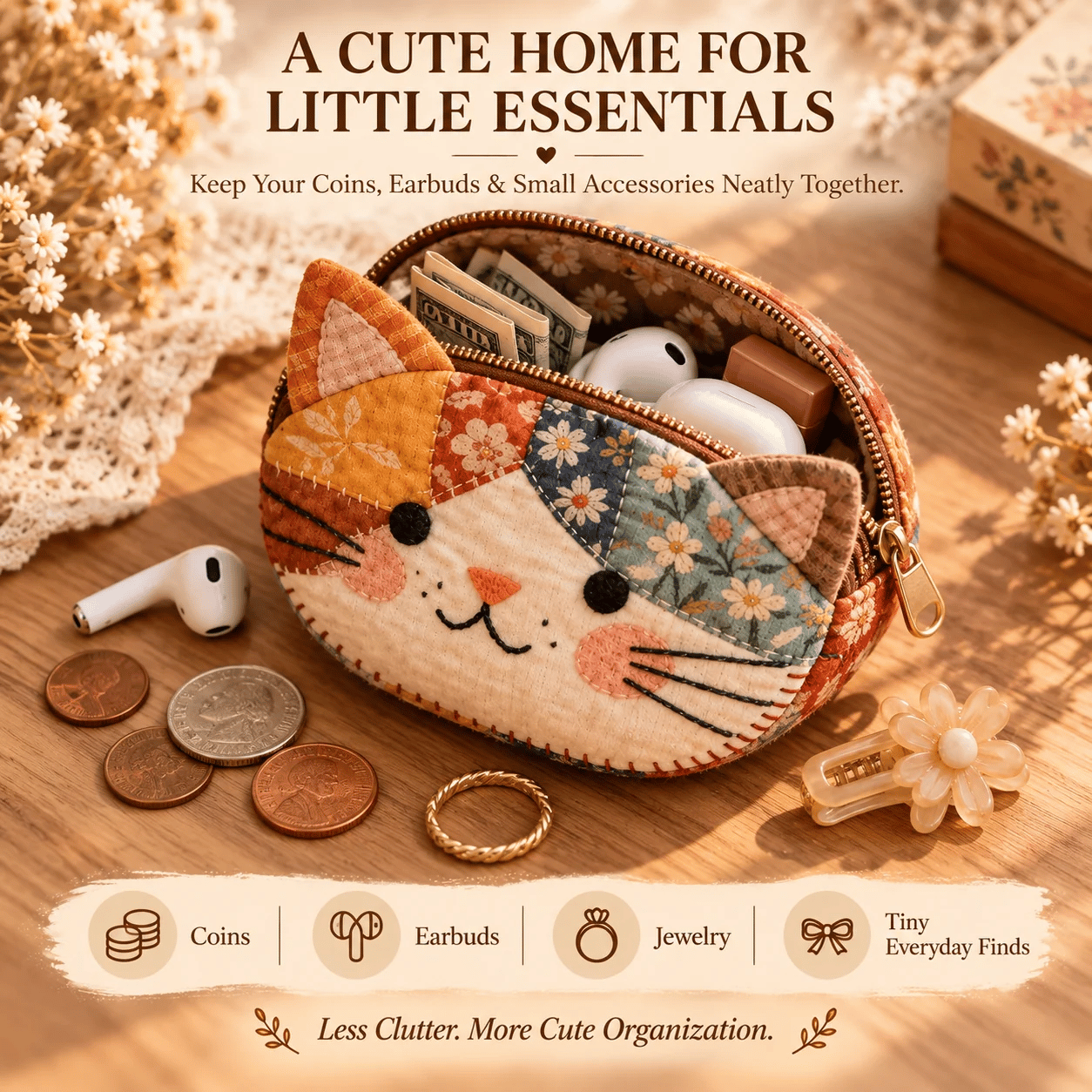 ✨ Handmade Inspired Floral Patchwork Cat Coin Pouch