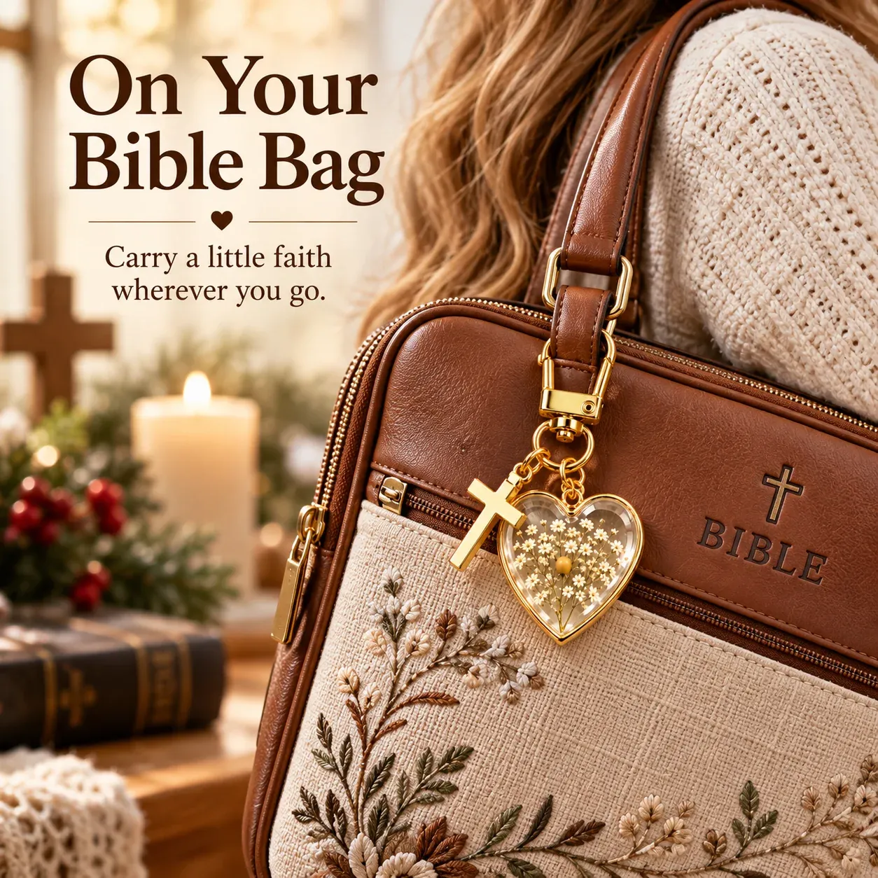 Mustard Seed Faith Keychain attached to a Bible bag