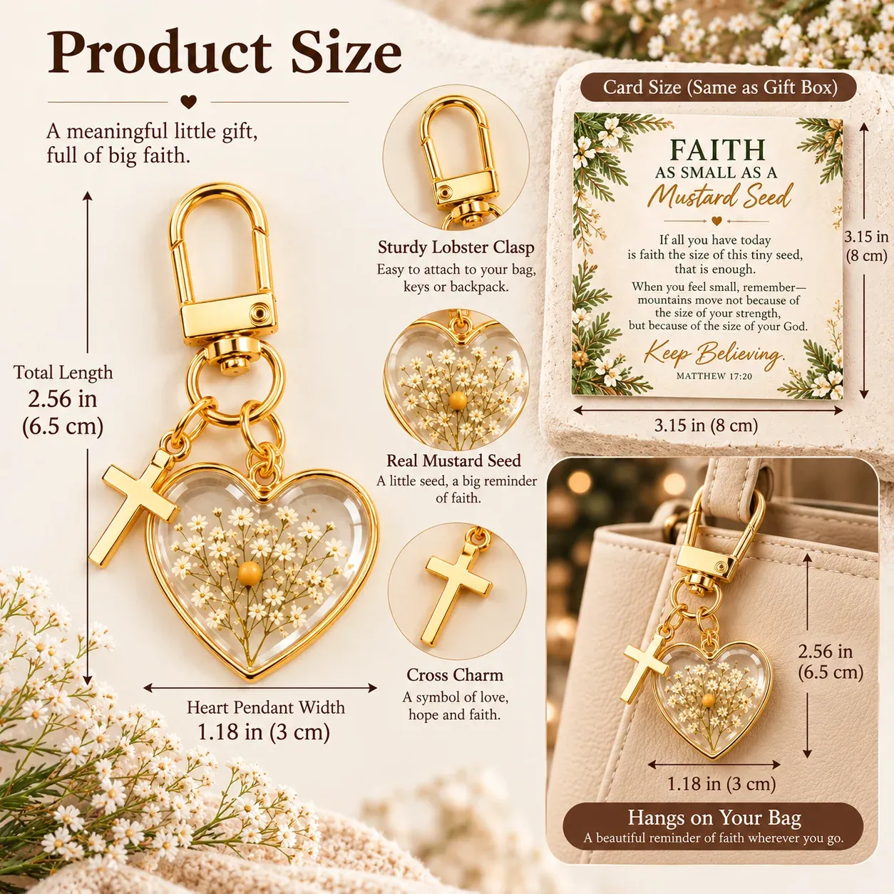 Mustard Seed Faith Keychain size and product details