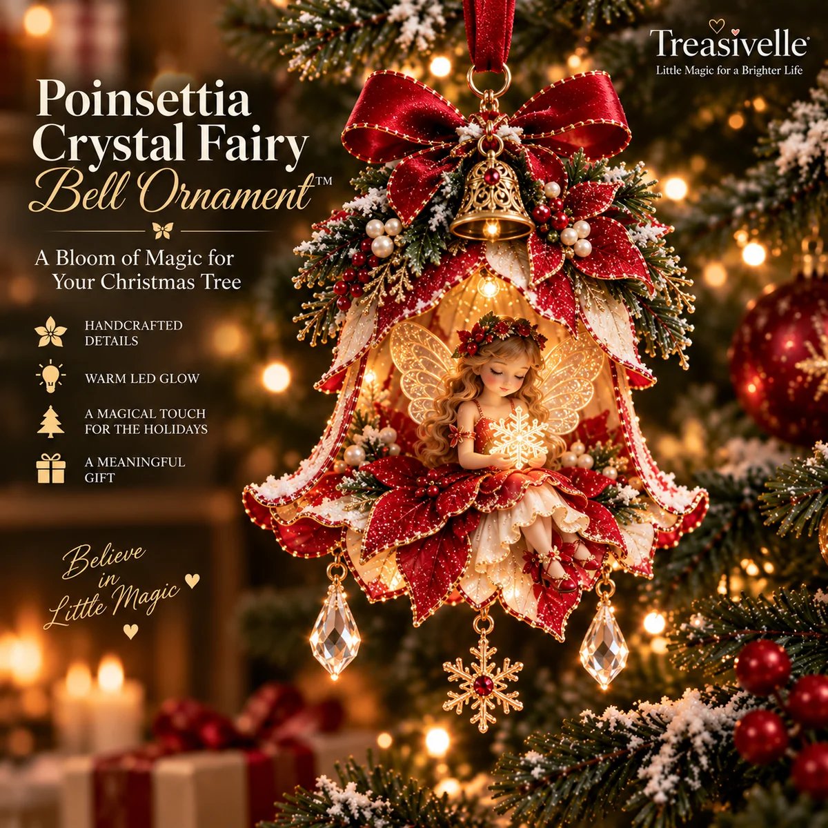 Poinsettia Crystal Fairy Bell kerstornament
