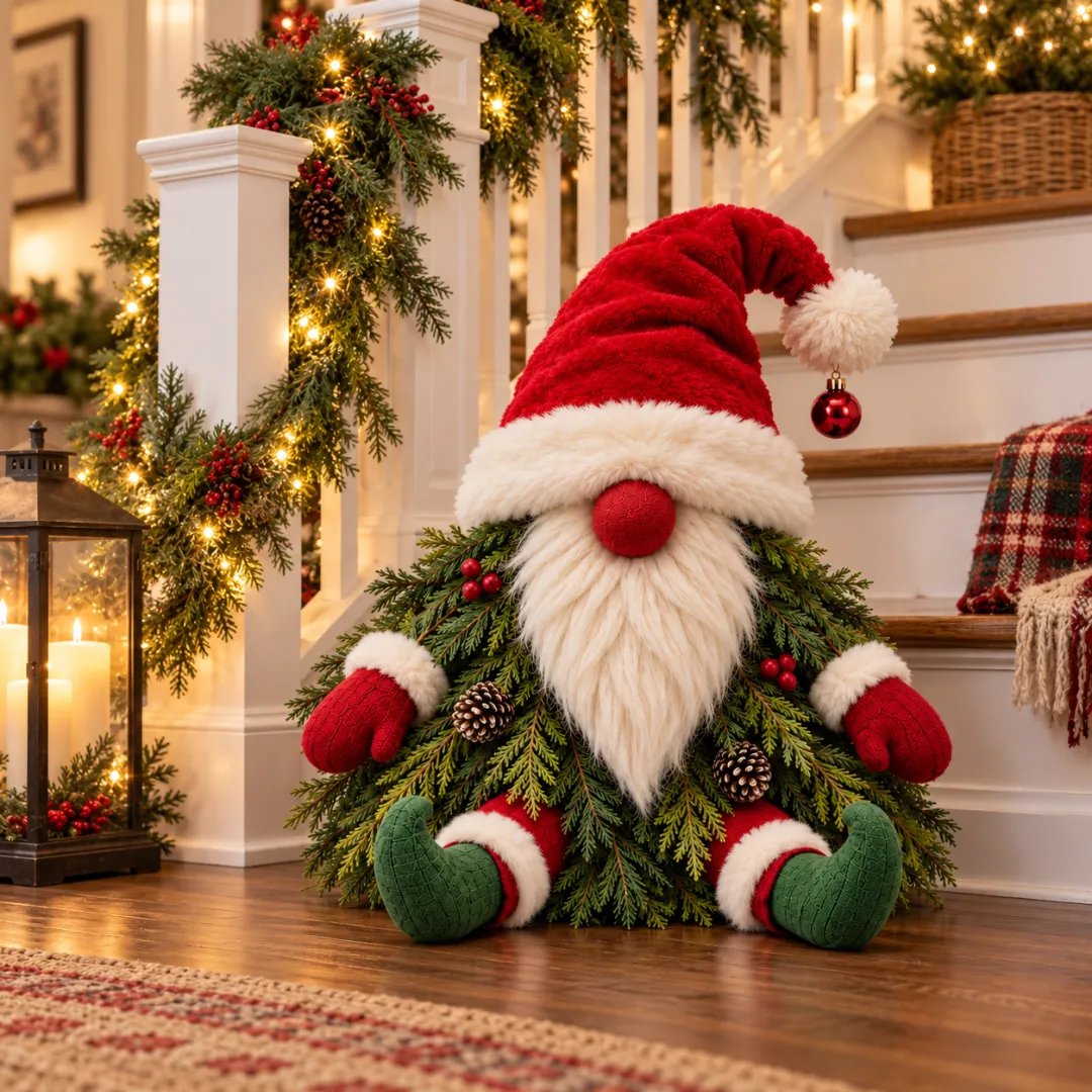 Evergreen Christmas gnome styled indoors
