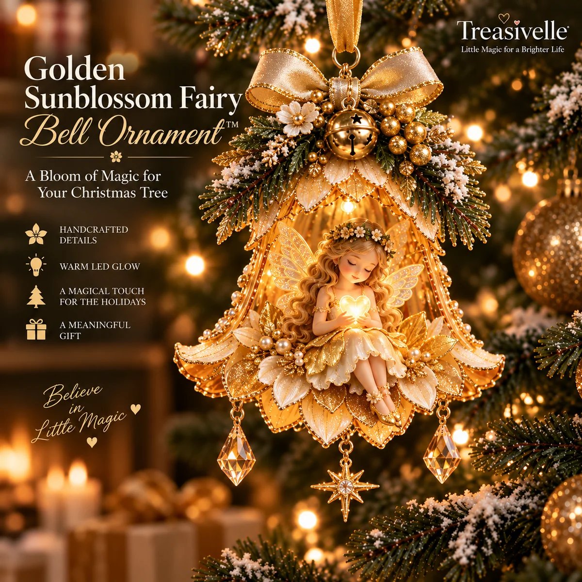 Golden Sunblossom Fairy Bell kerstornament