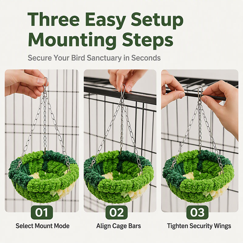 Three steps for mounting a hanging bird hammock