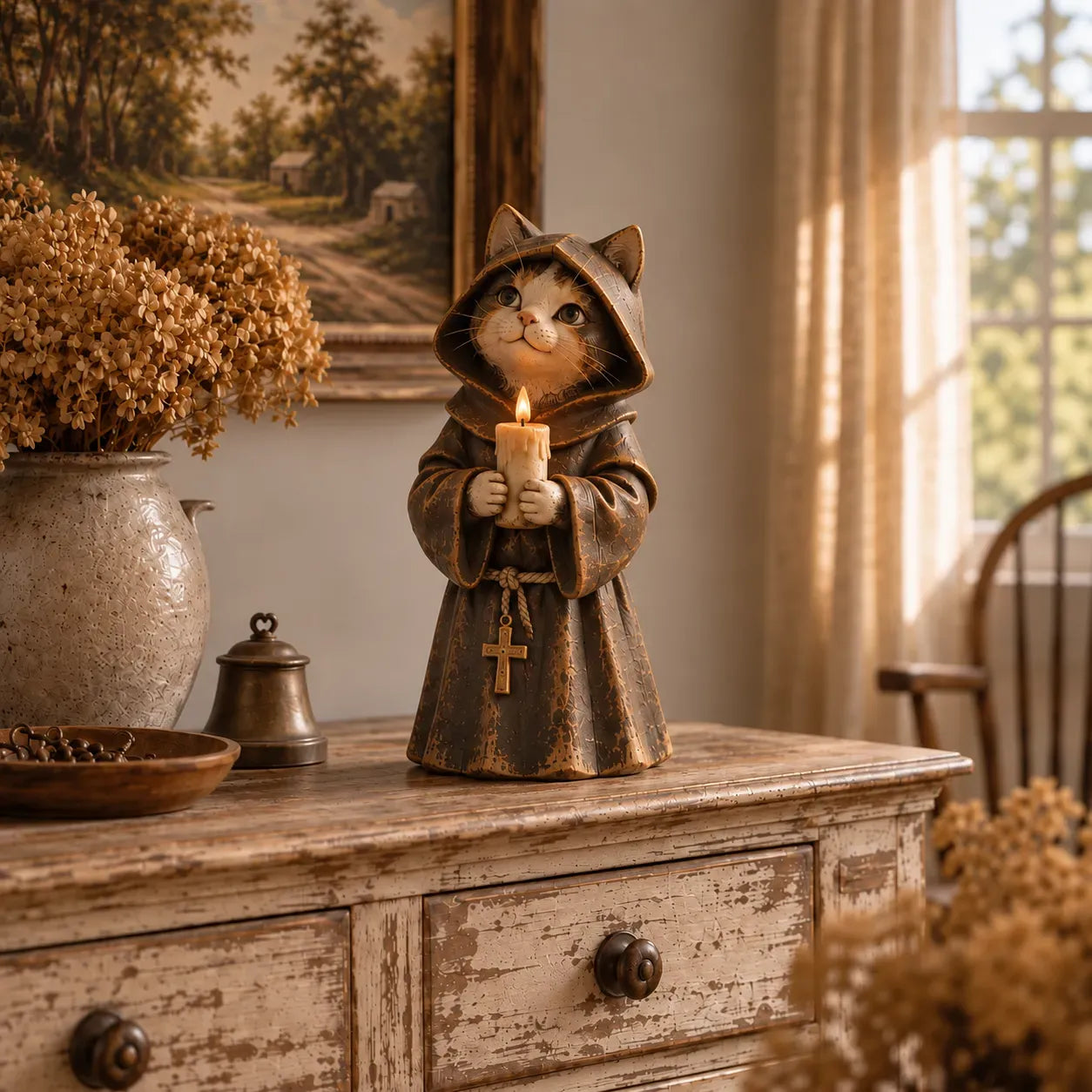 Hooded Monk Cat Figurine