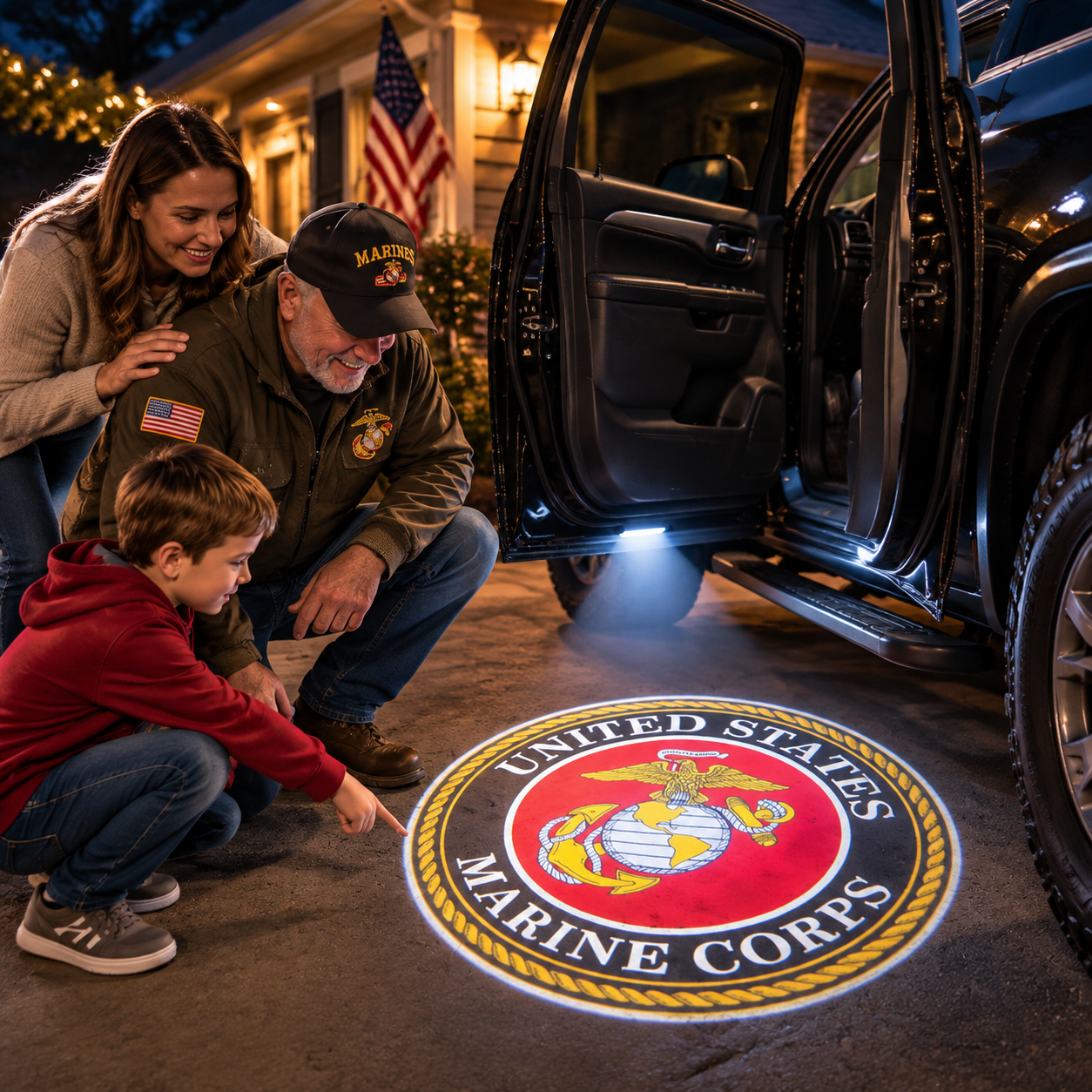 Marine veteran family seeing car welcome projection