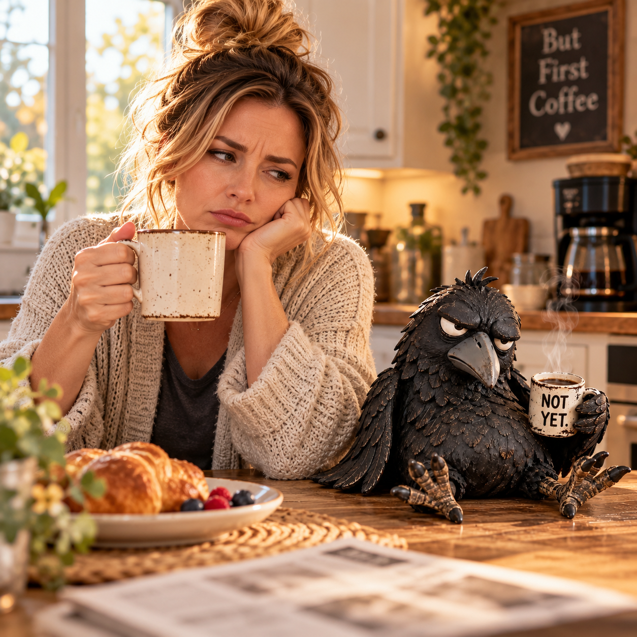 Raven figurine holding coffee cup