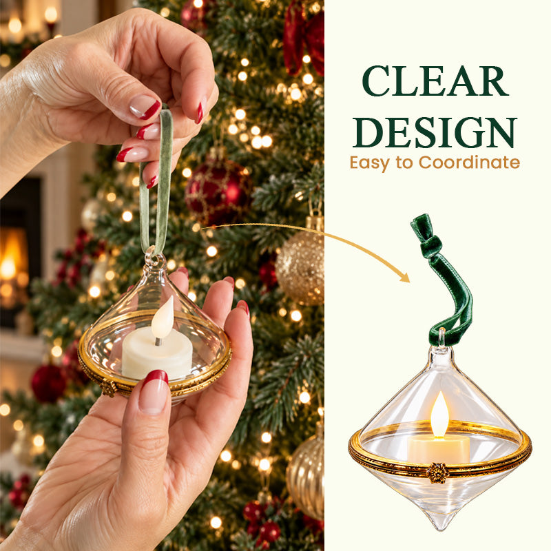 Hands styling a clear ornament with an electronic candle