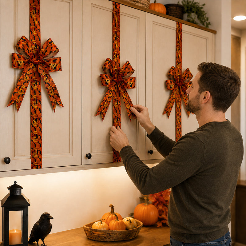 Pumpkin bow decoration on cabinet doors