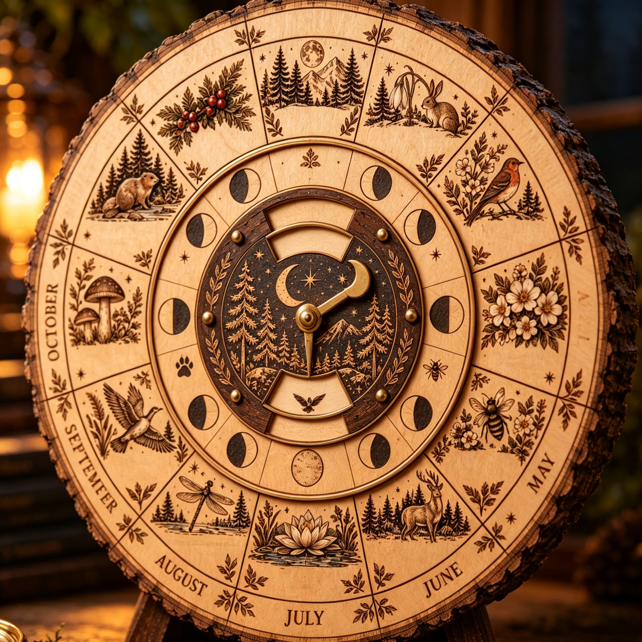 Full moon names engraved on wooden seasonal wheel