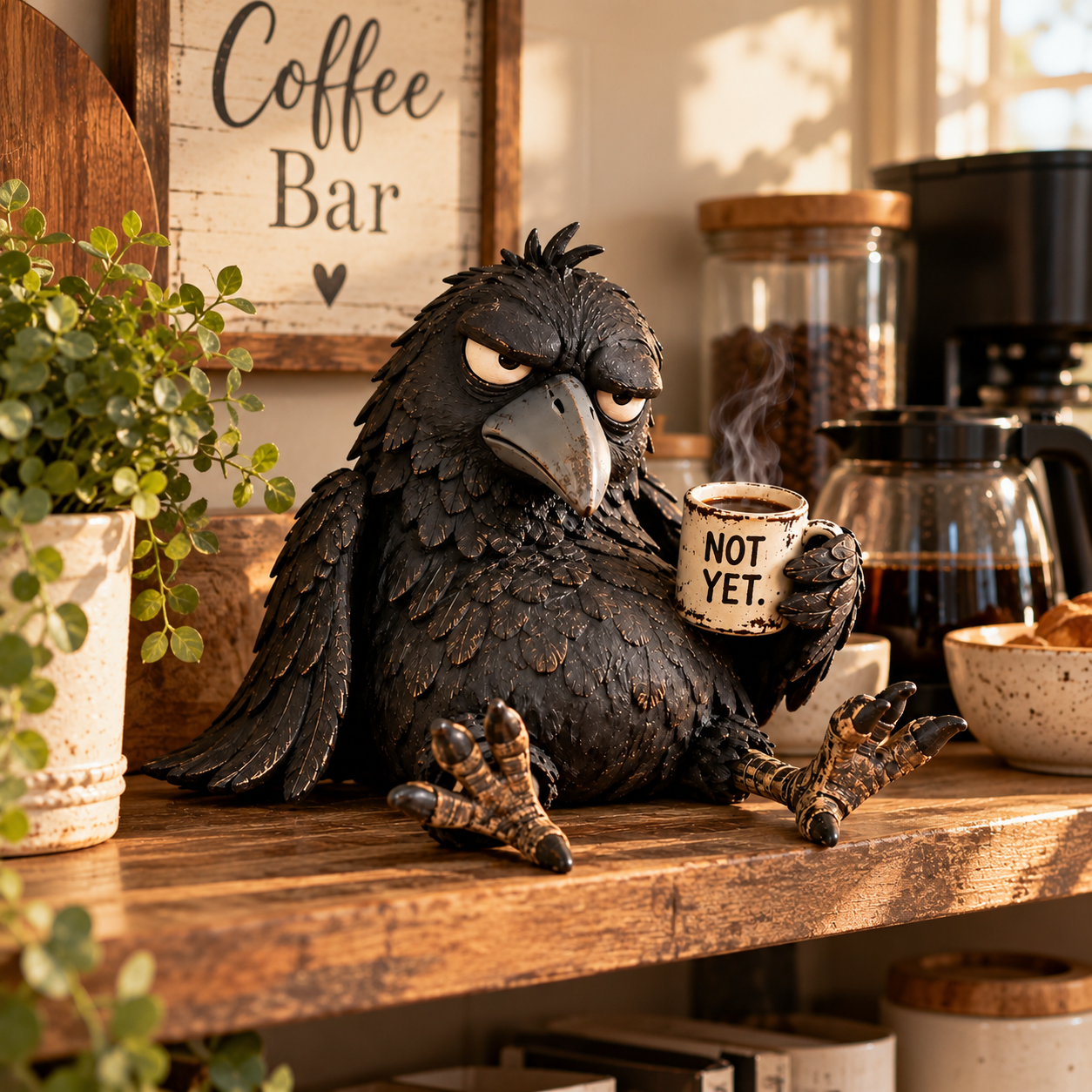 Grumpy Coffee Raven Figurine