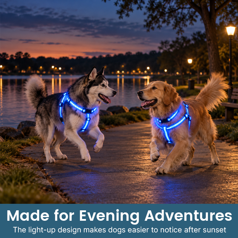 Dog wearing LED light-up gear outdoors