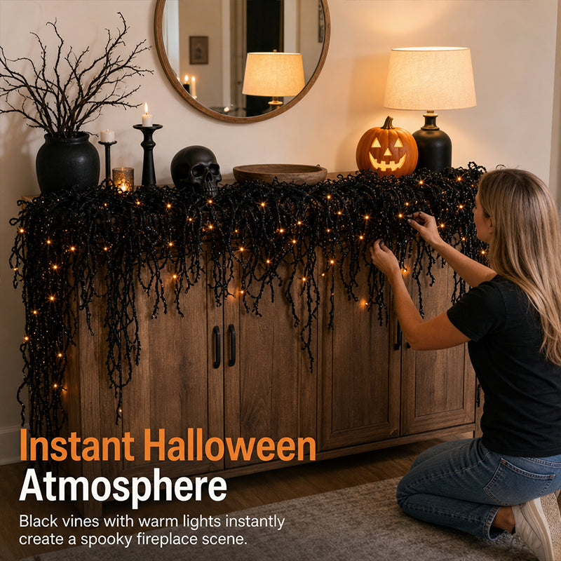 🎃Halloween Fireplace Decor Set with LED Lights – Black Vine Garland for Mantel, Door Frame, Window & Spooky Party Decor👻