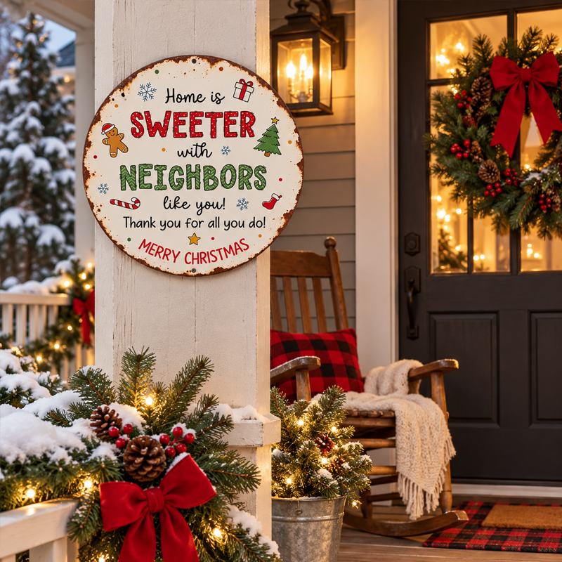Christmas neighbor sign in a festive setting
