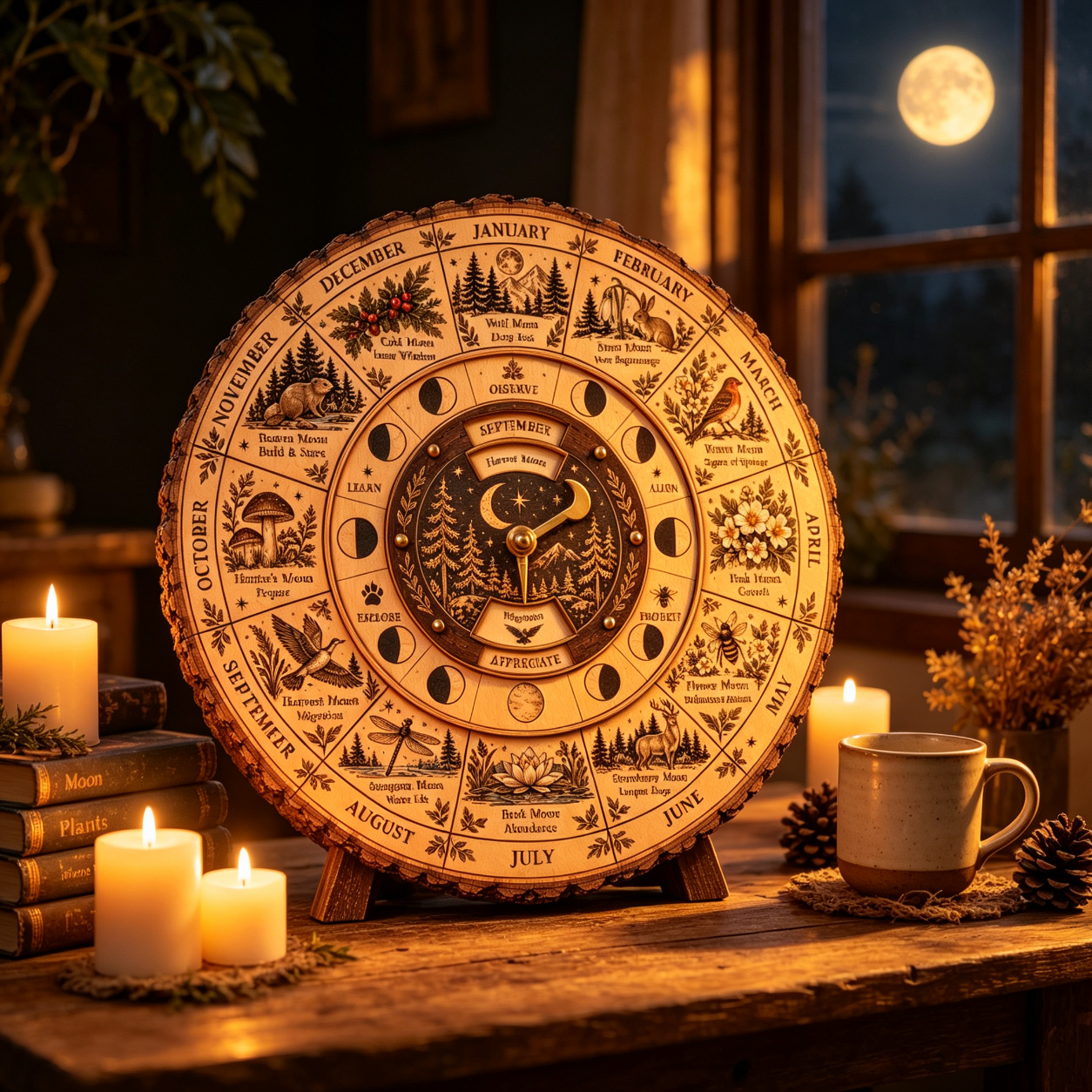 Wooden moon wheel with 12 months and nature illustrations