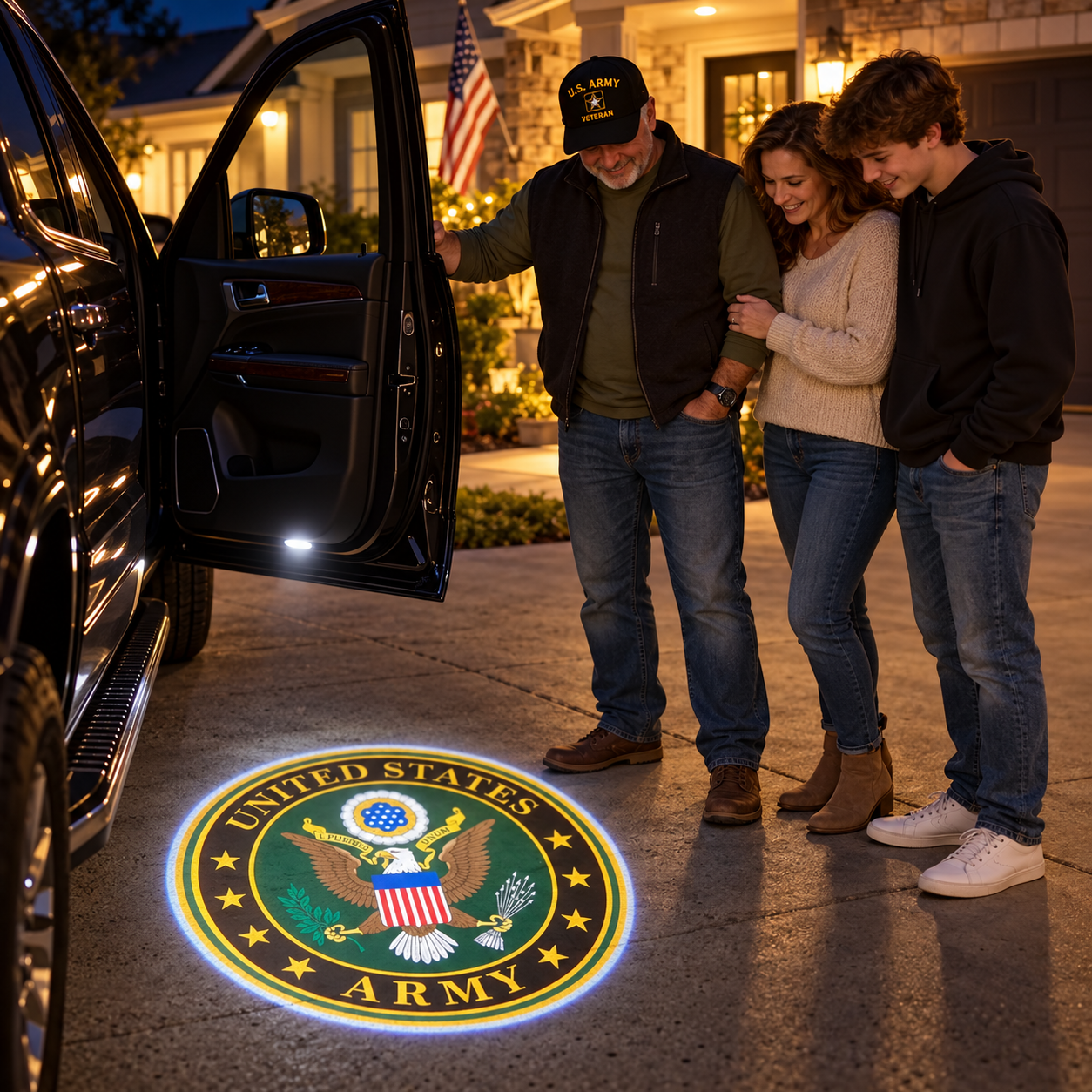 Army themed car door welcome projection