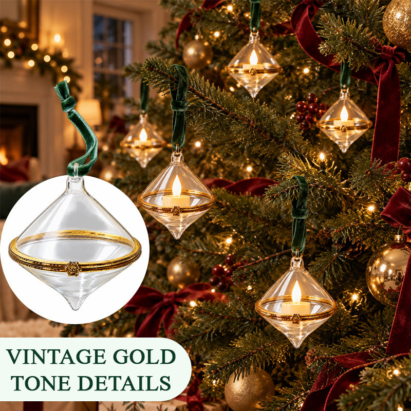 Gold-tone ornament border and Christmas tree close-up
