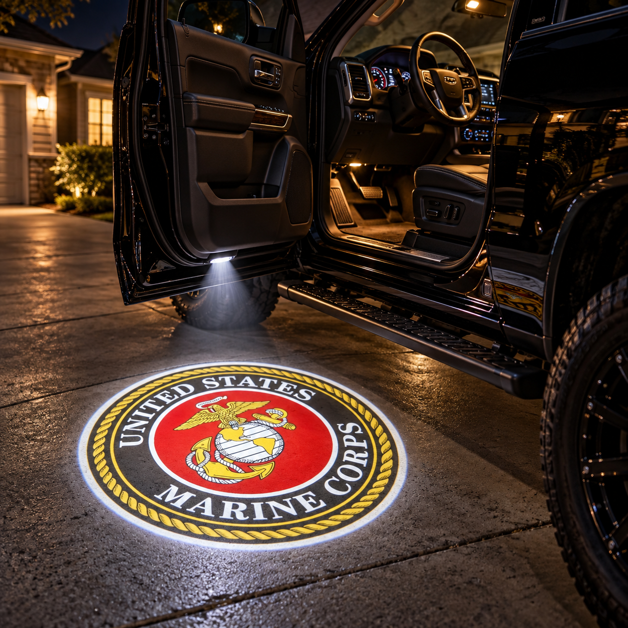 Marine Corps welcome light projected beside vehicle