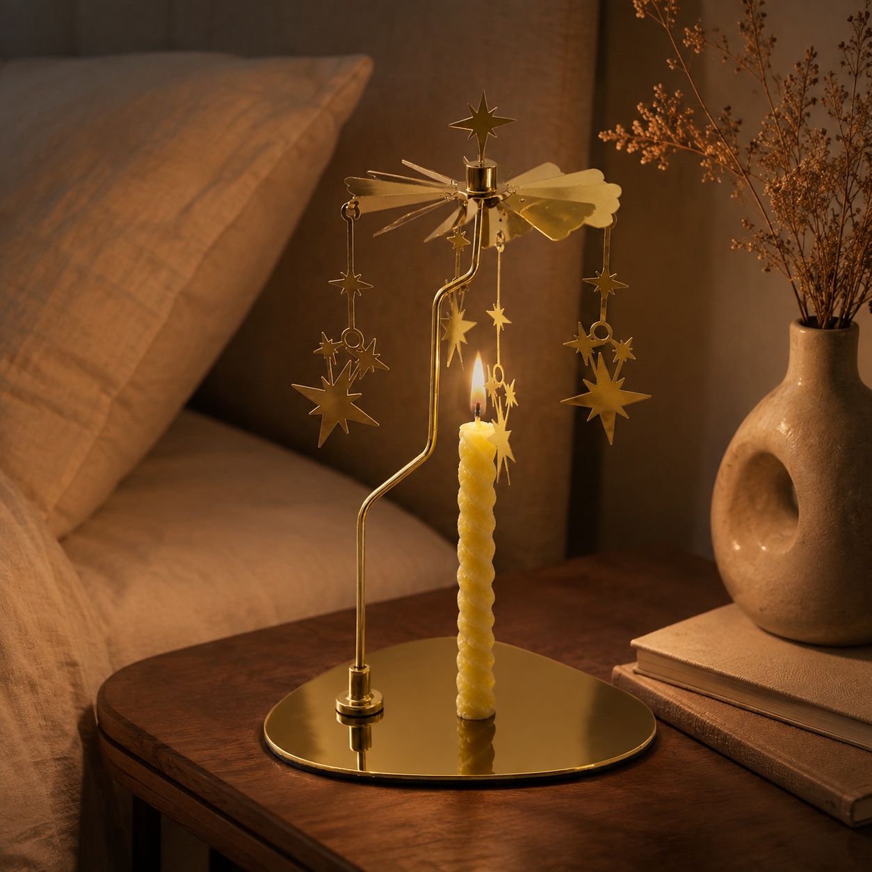 Golden rotating star candle carousel used as an elegant dinner table centerpiece