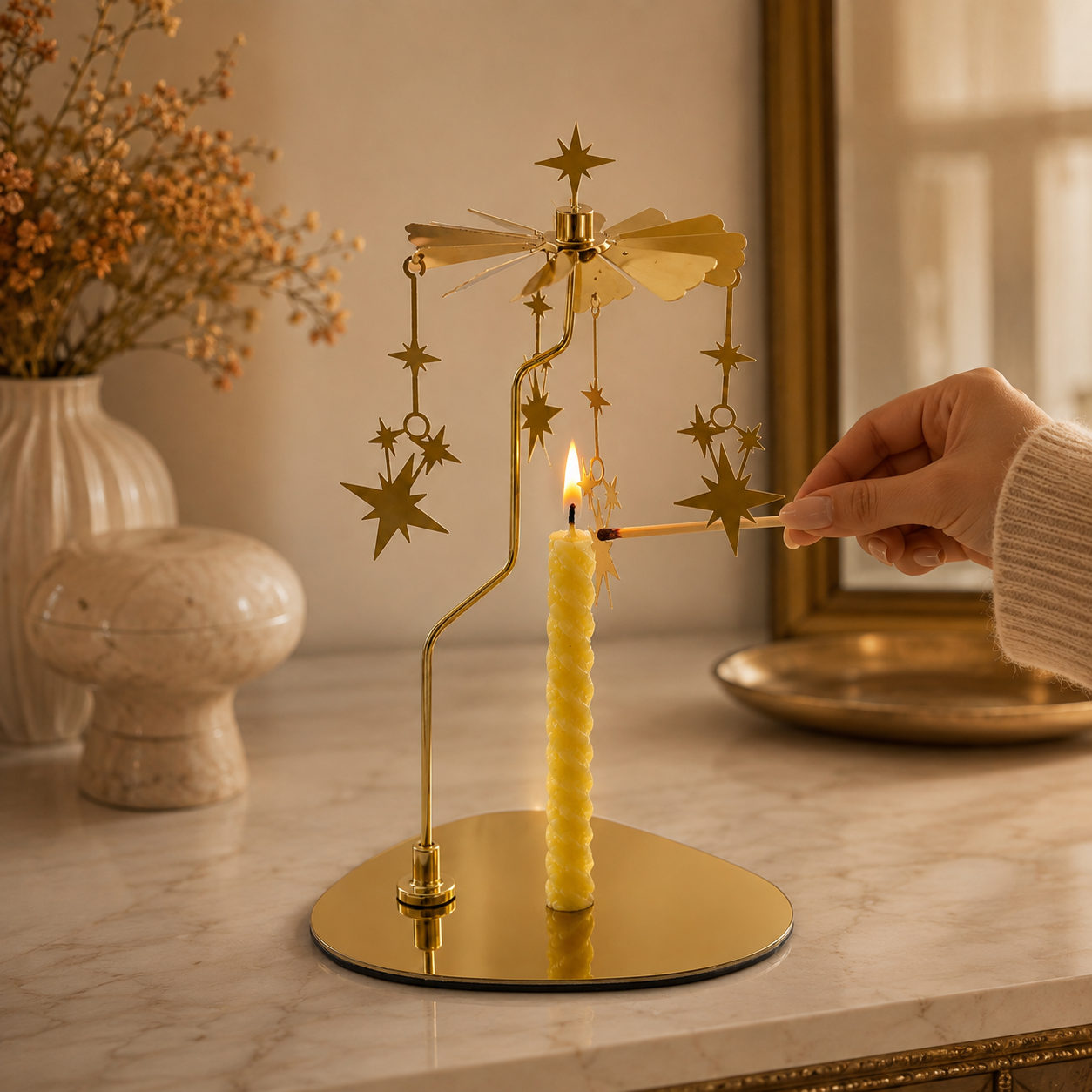 Golden celestial rotating candle carousel with hanging star ornaments