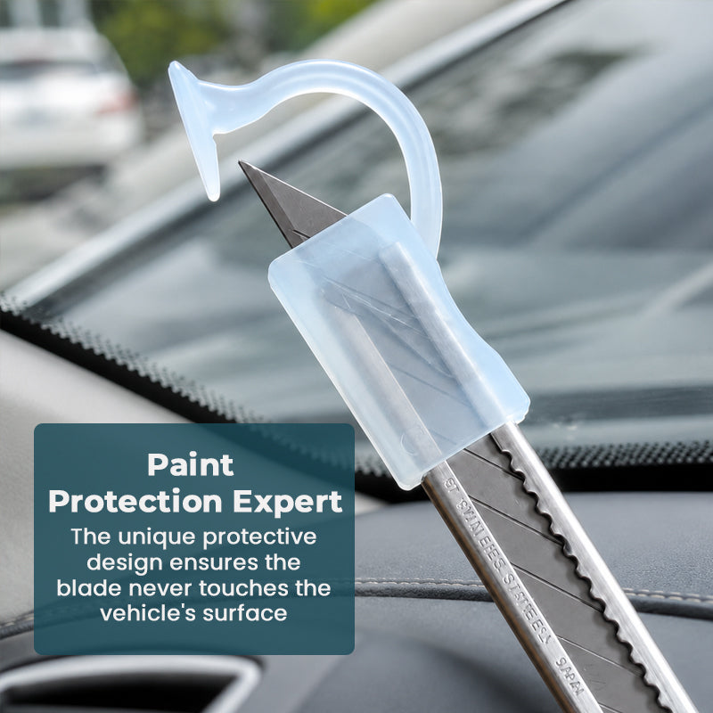 Guarded car film cutter helps reduce surface contact