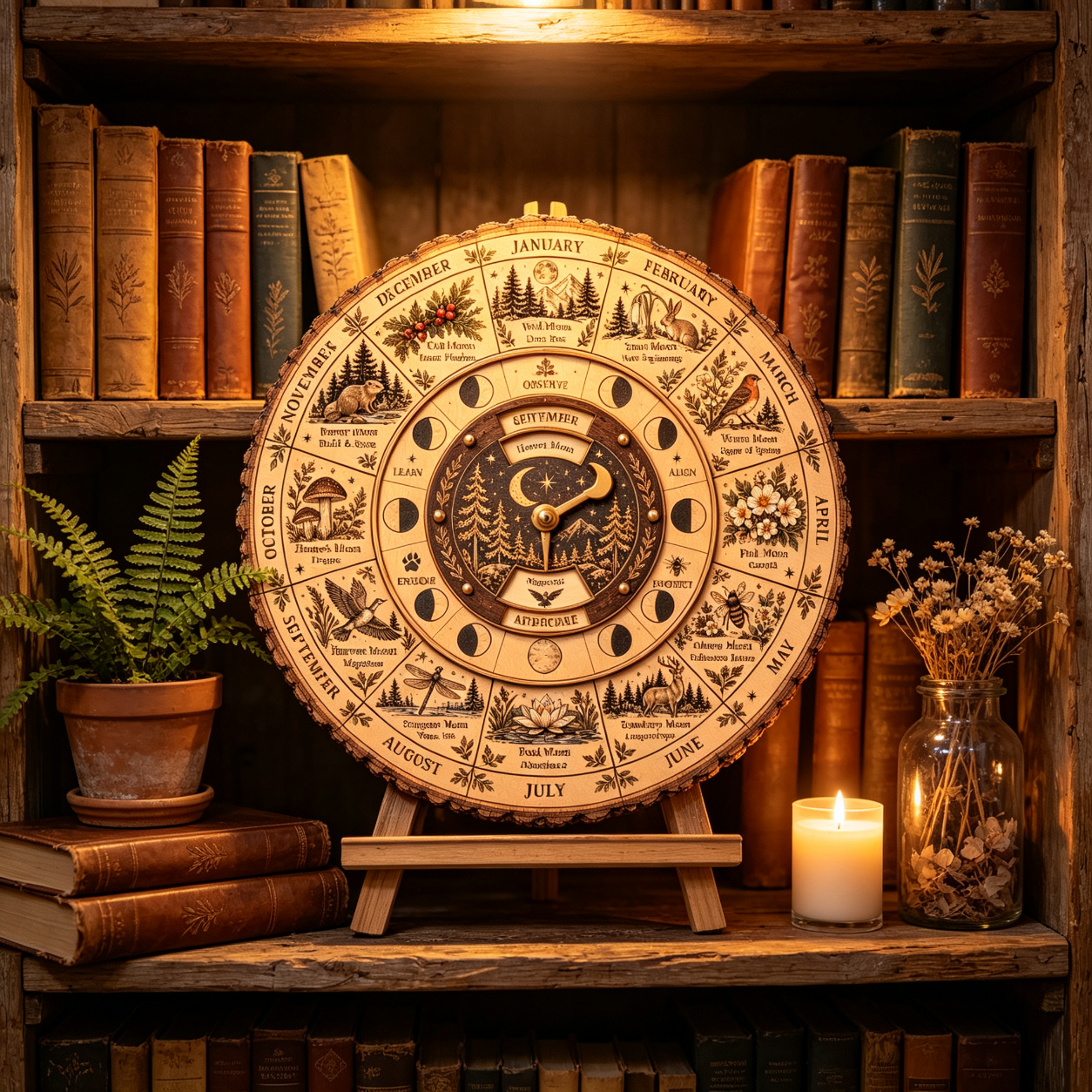 Wooden moon wheel displayed in rustic home