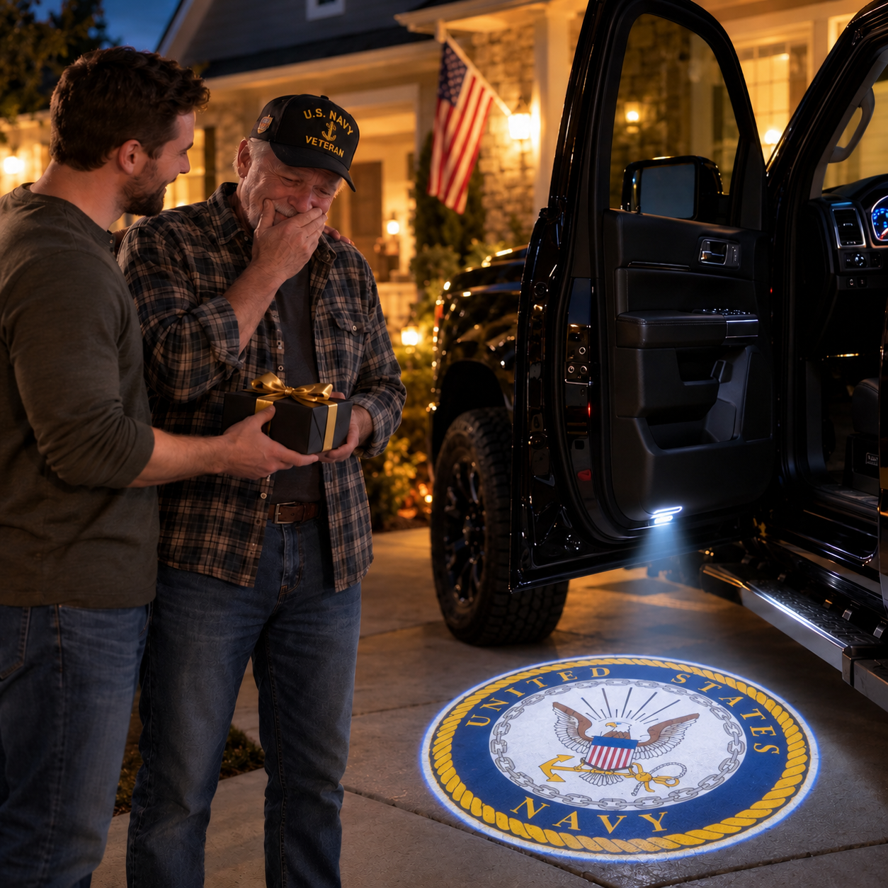 Navy veteran receiving HonorBeam welcome light gift