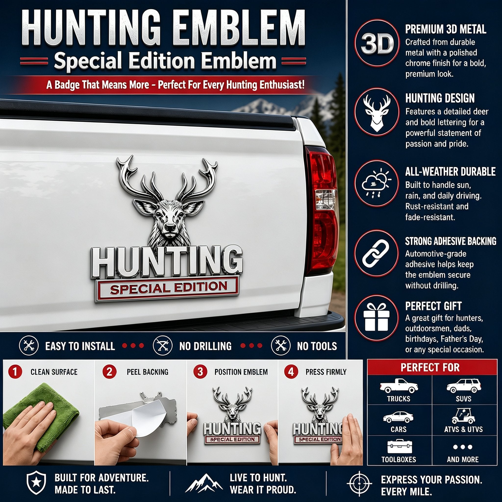 🦌 3D Stag Metal Vehicle Badge – Premium Outdoor Emblem for Trucks & SUVs