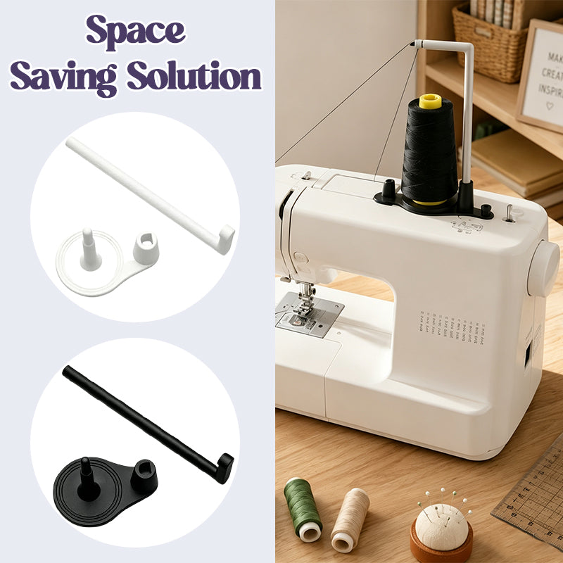 Organised sewing workspace with top spool holder