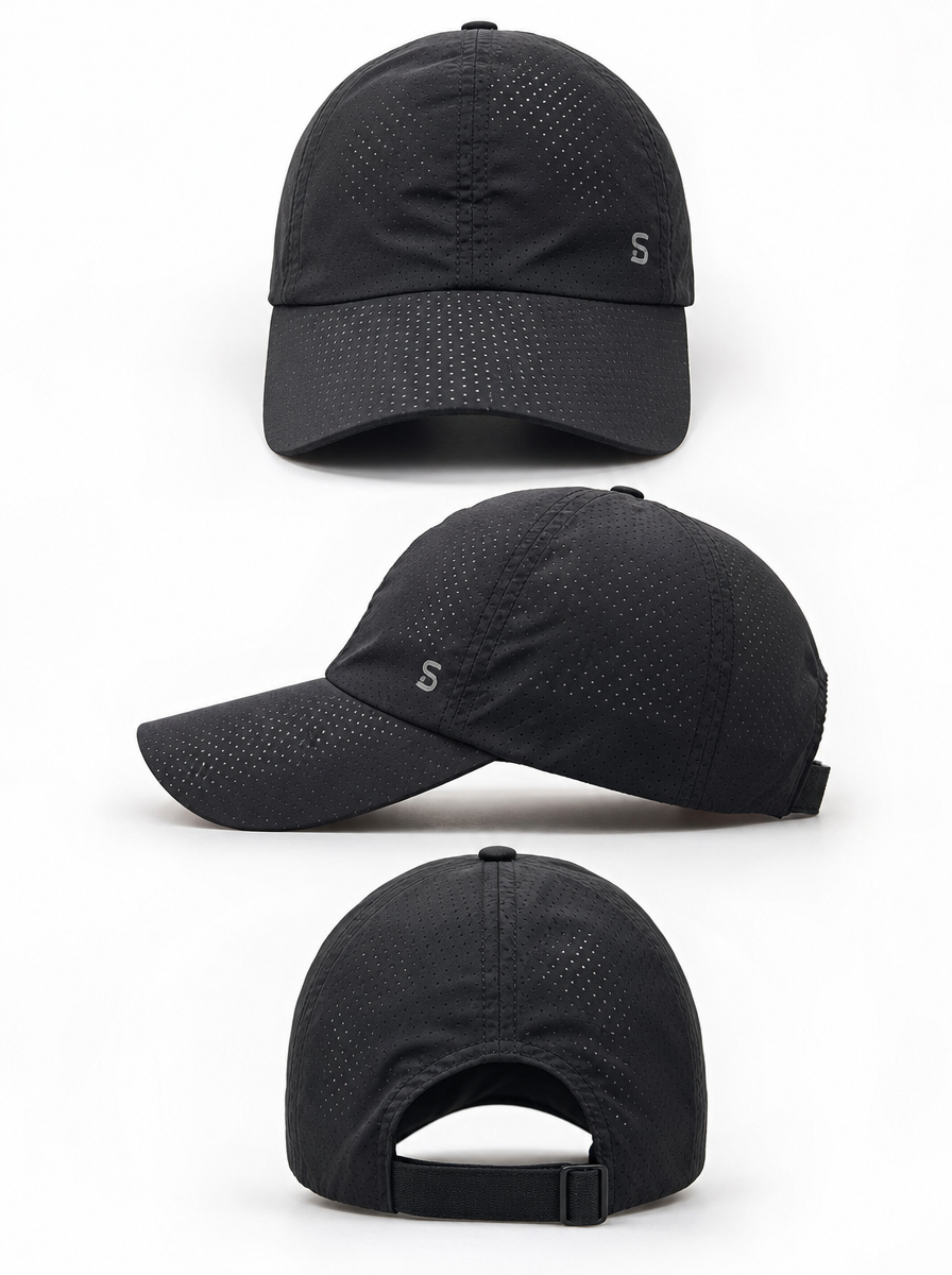 Ventilated mesh panels on black running cap