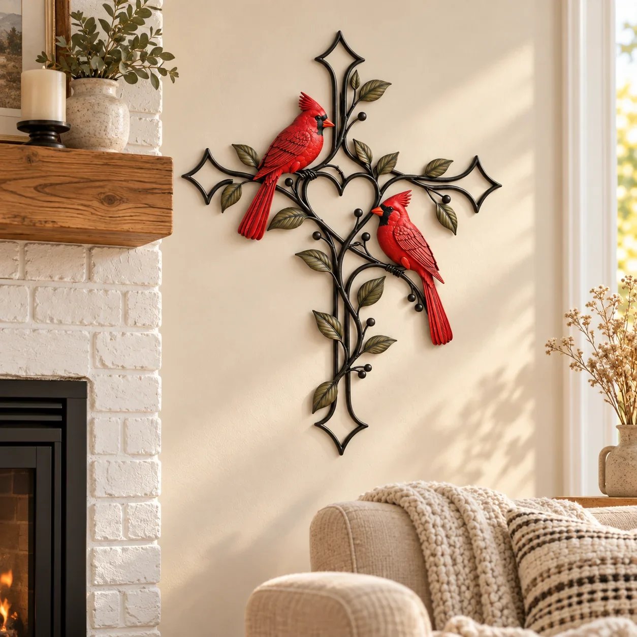 Cardinal Cross displayed near a fireplace