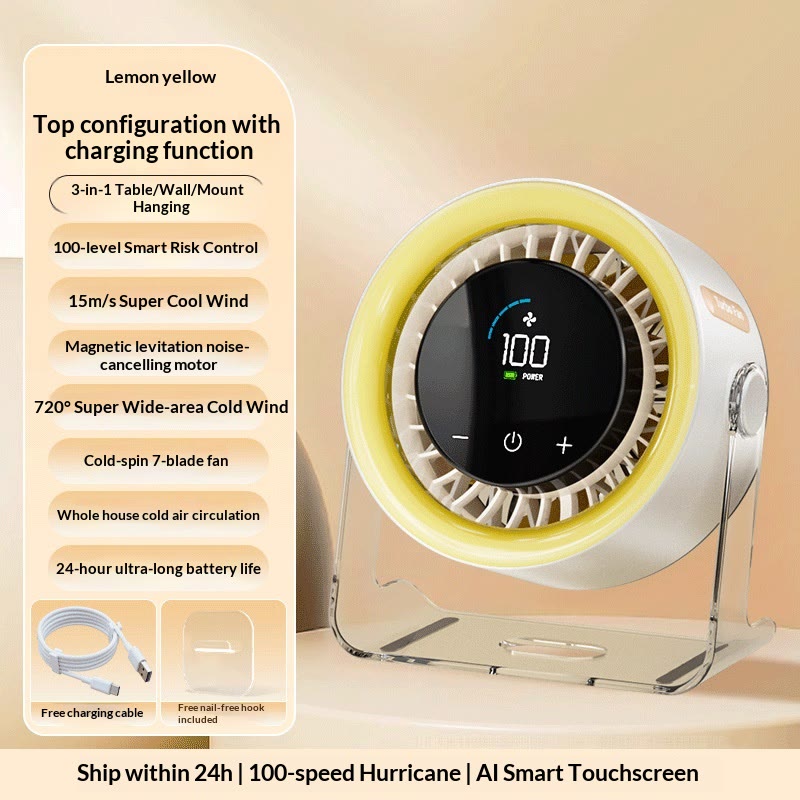 Turbo Desk Fan, 100-Speed Quiet Rechargeable Fan with Digital Display - Yellow [Rechargeable Version] - 17.4*8.4*19cm - image 10