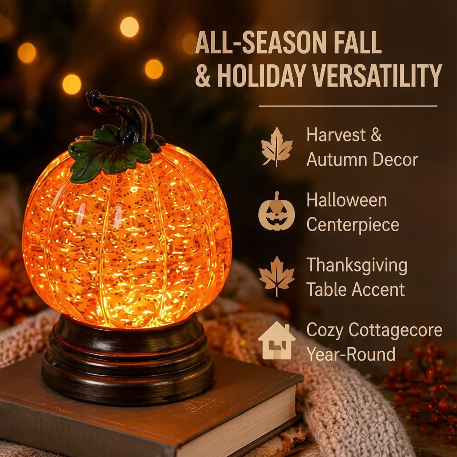 Glitter Lighted Pumpkin Snow Globe, Halloween Snow Globe Decor With Warm Orange Led Glow Thanksgiving Centerpiece, Seasonal Gift - image 5