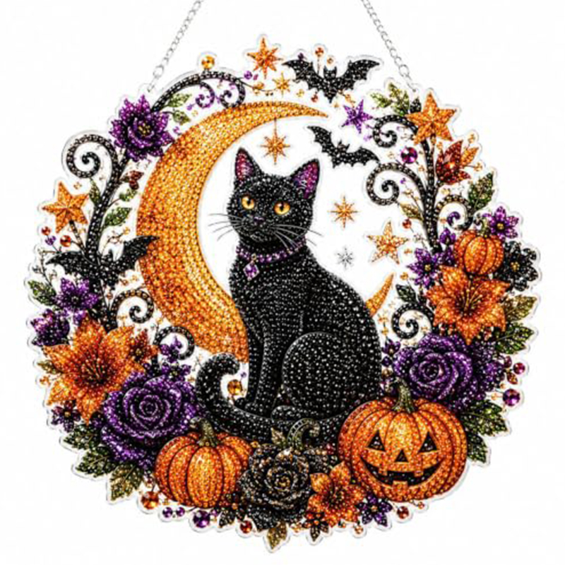 Halloween Diamond Art Hanging Kits For Adults Beginners, Diy Acrylic 5d Special Shaped Crystal Diamond Gem Art Painting Hanging  - 🌙🐈‍⬛ Moon & Cat - 9.8 × 9.8 in - image 7