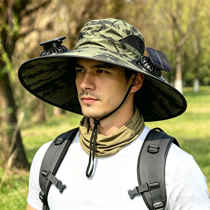 Solar-Powered Fan Sun Hat, Outdoor UV Protection Cap - Military green ink - Reinforced steel ring style - image 10