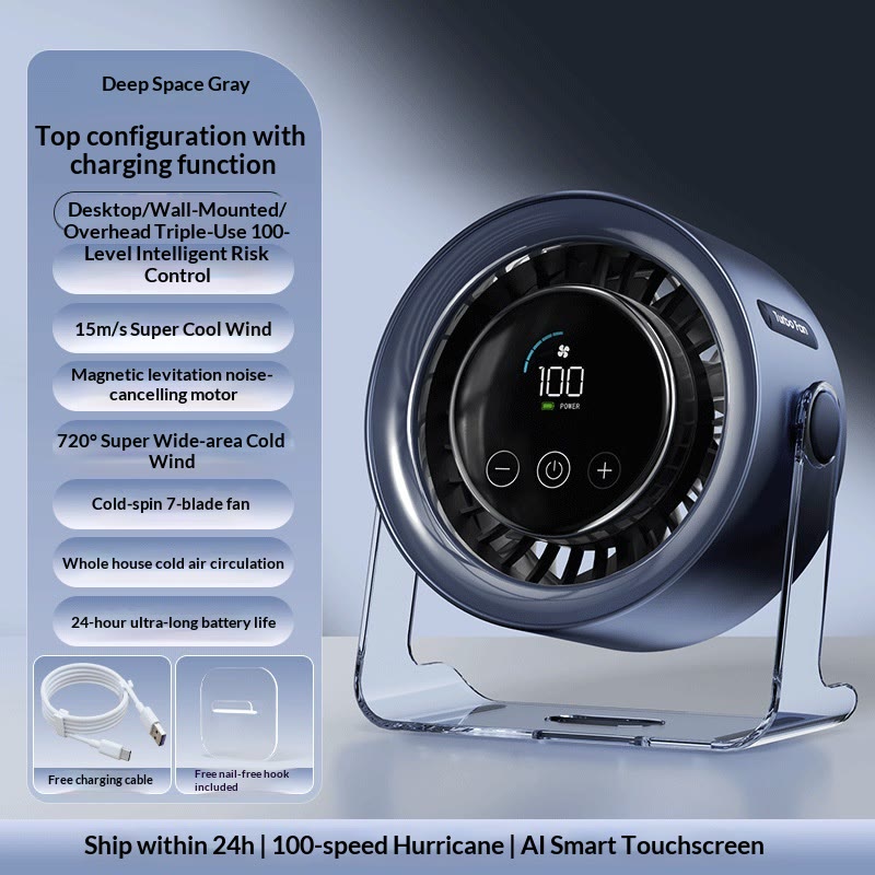 Turbo Desk Fan, 100-Speed Quiet Rechargeable Fan with Digital Display - Gray [Rechargeable Version] - 17.4*8.4*19cm - image 8
