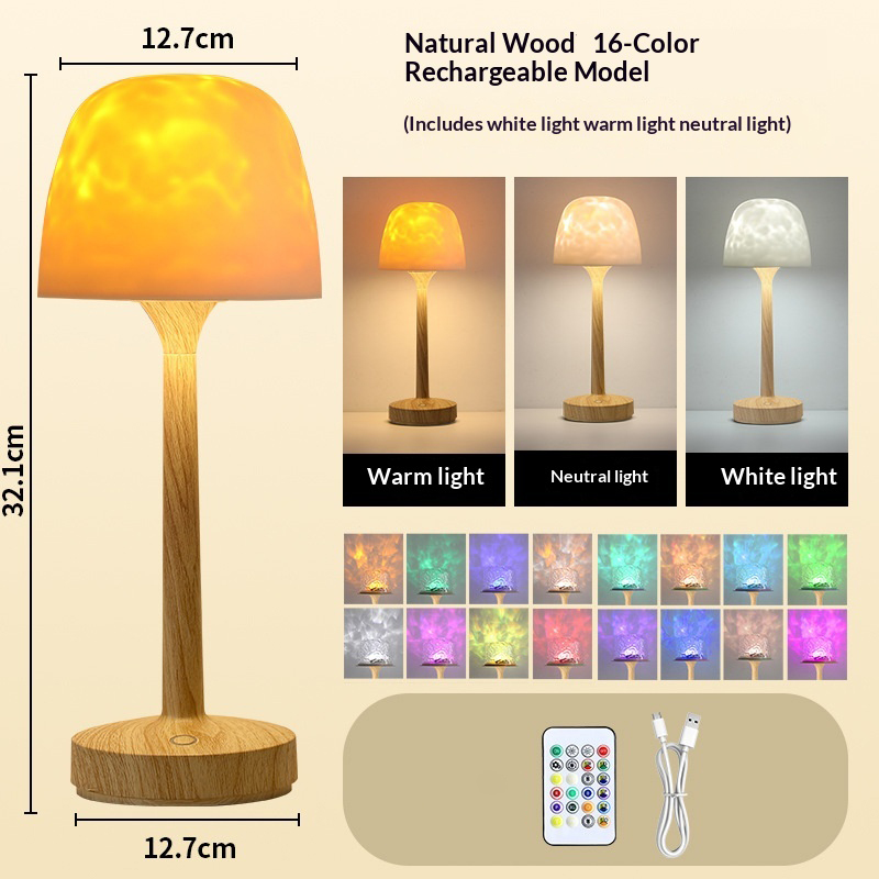 Water Wave Lamp, 16 Colors Rotating Dimmable Starry Sky Projector With Shade And Remote Control - Natural Wood - image 10